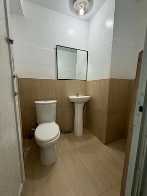 A bathroom with a toilet, sink, and mirror.