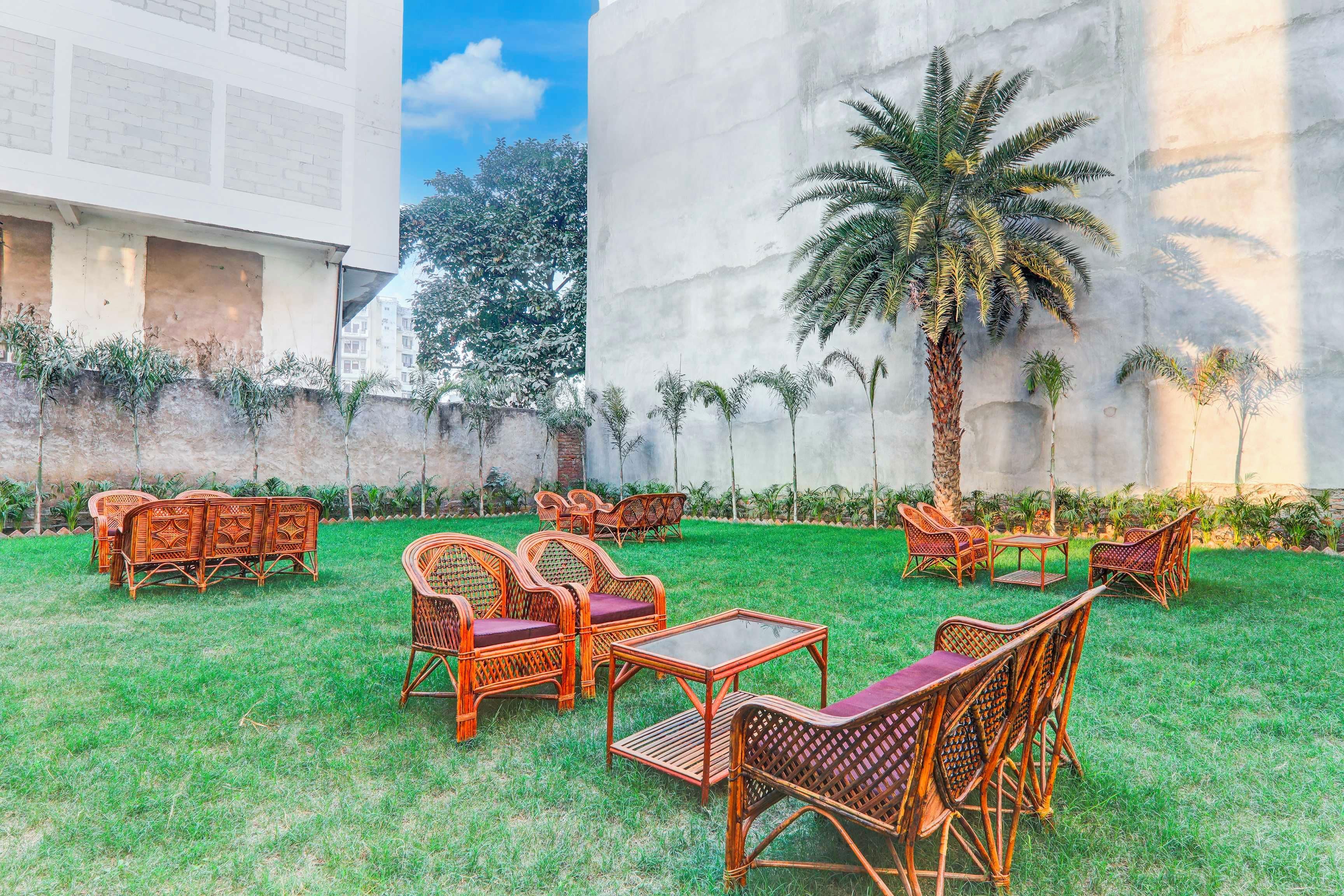 An outdoor seating area with wicker furniture and a palm tree.