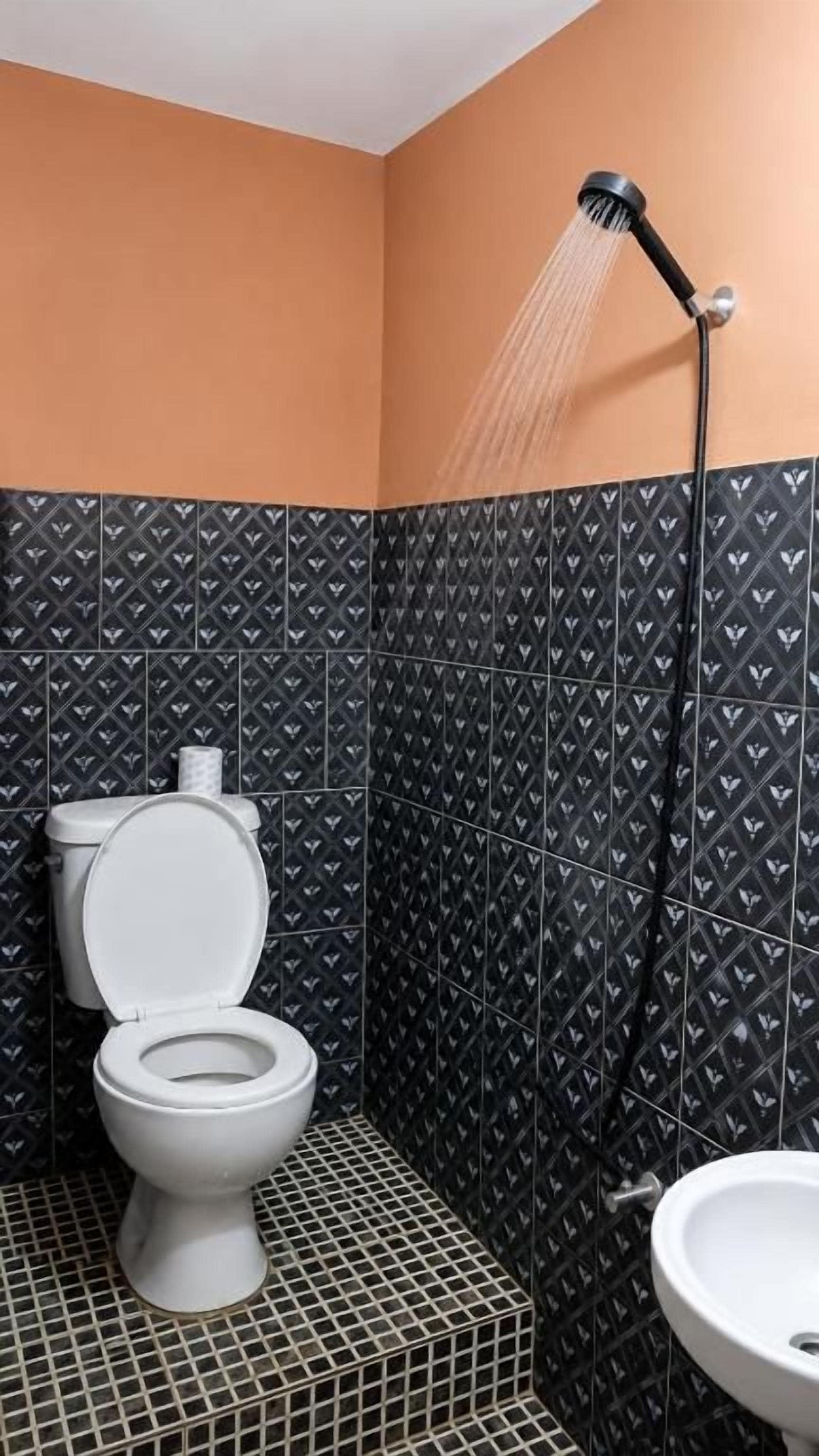 A bathroom with a shower, toilet, and sink.