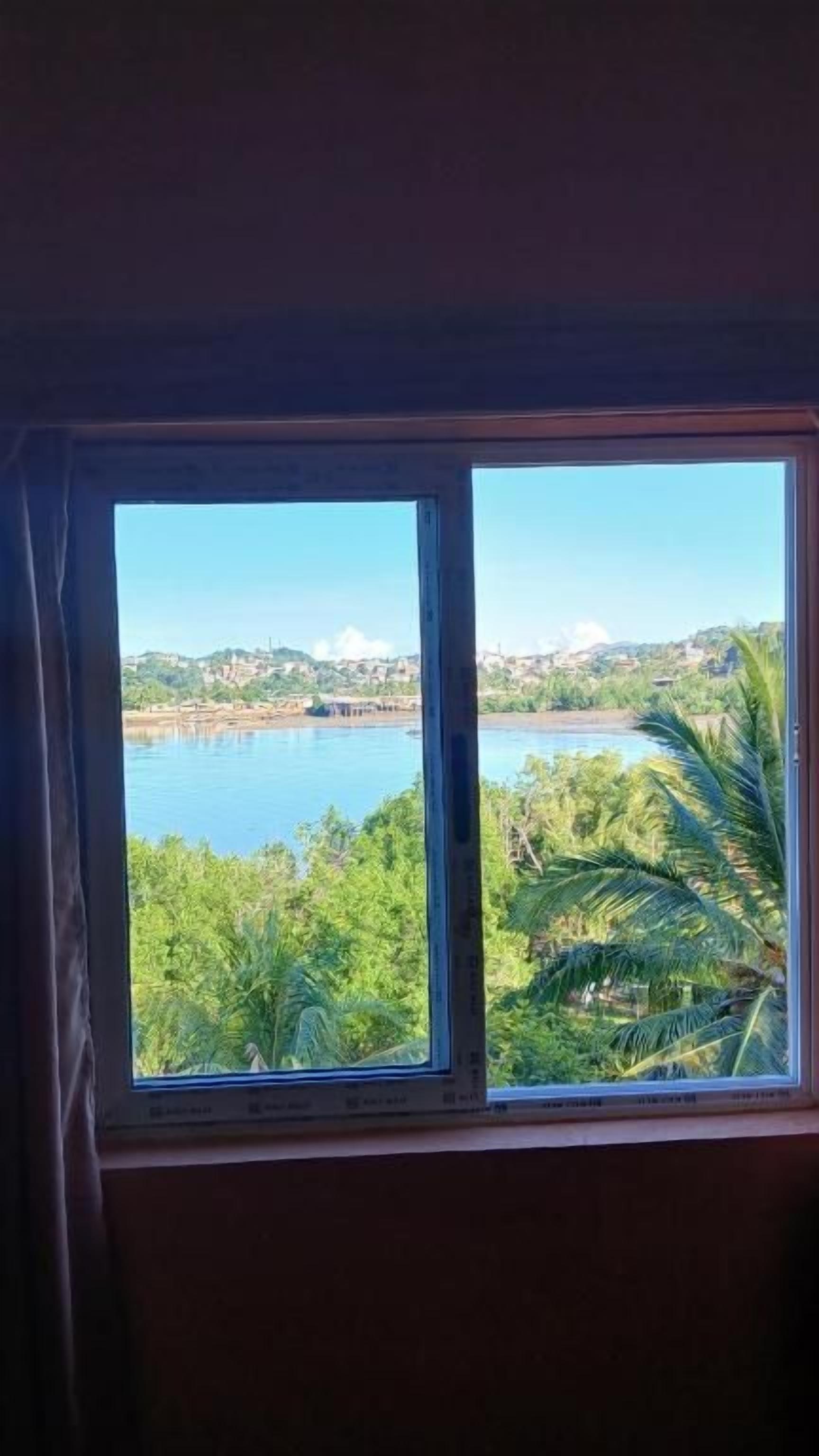 Una ventana con vista a una masa de agua, vegetación y edificios lejanos.