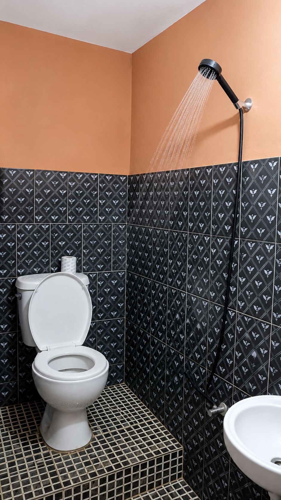 A bathroom with a toilet, a shower, and a sink.
