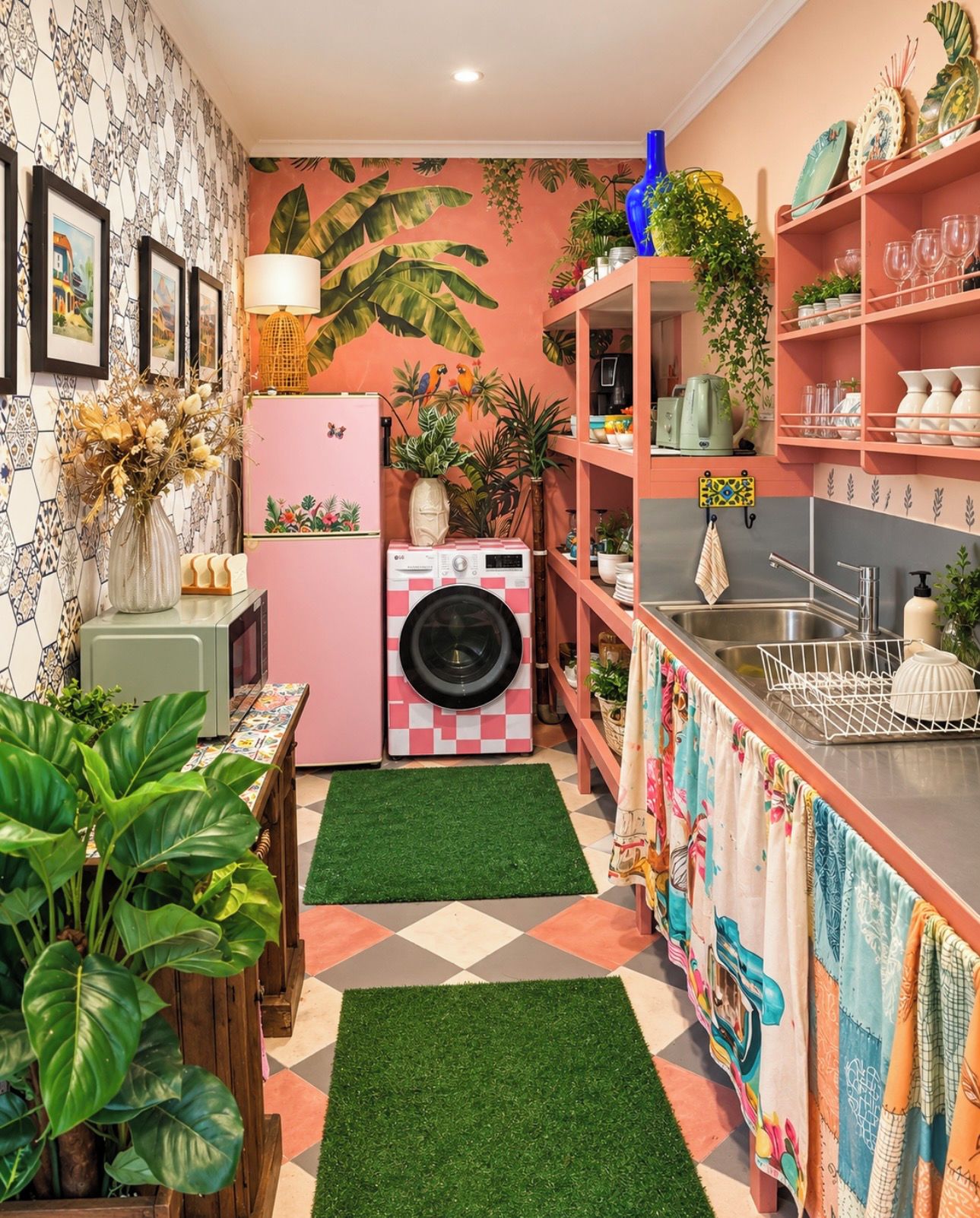 Een kleine keuken met een wasmachine, een spoelbak en diverse planten.