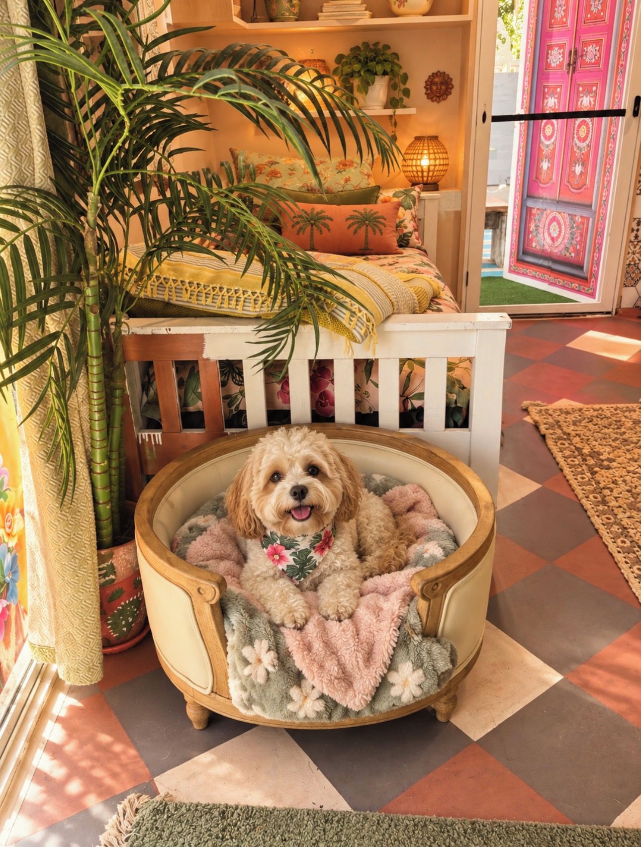 A dog in a pet bed with a floral pattern, a potted plant, and a patterned rug.