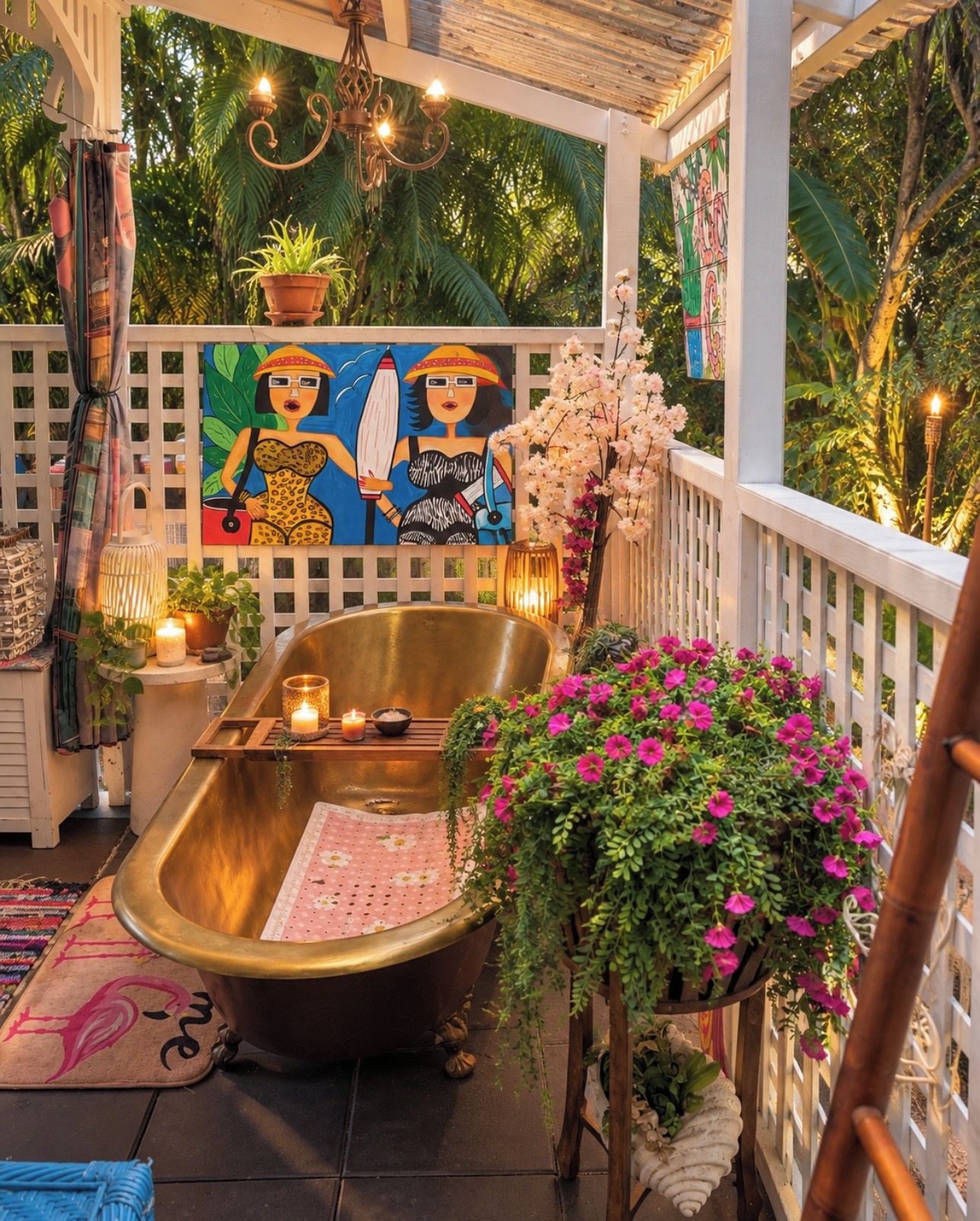 Un espacio al aire libre iluminado por el sol, con una bañera antigua, un mural y plantas en macetas.