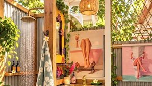 A bathroom with a shower, sink, toilet, and decorative elements like plants and artwork.