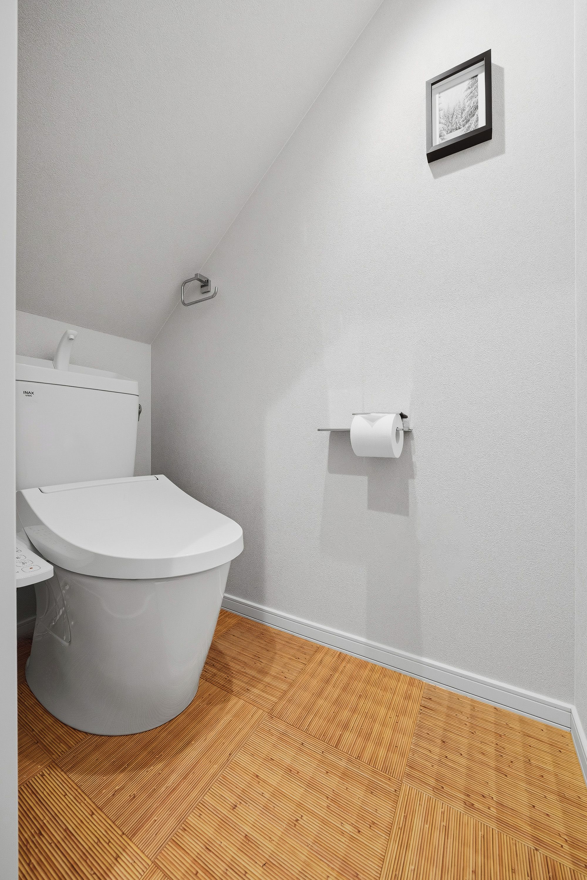 A bathroom with a white toilet, a wall-mounted toilet paper holder, and a framed picture on the wall.