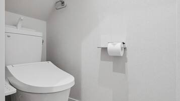 A bathroom with a white toilet, a wall-mounted toilet paper holder, and a framed picture on the wall.