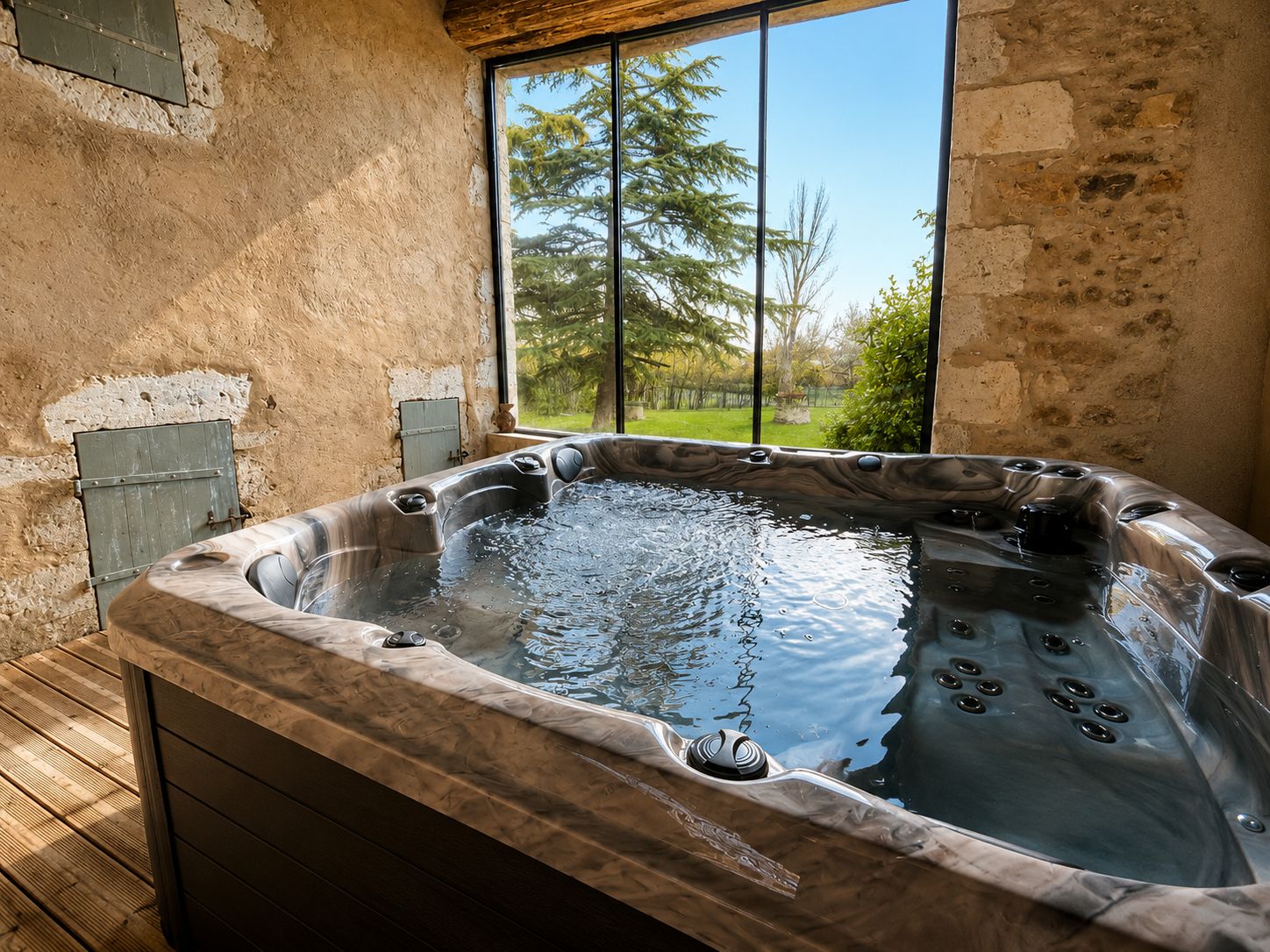 Un bain à remous avec une terrasse en bois, un mur en pierre et une vue sur les arbres par une fenêtre.