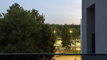 Une vue depuis un balcon donnant sur un espace paysager agrémenté d’arbres et bordé d’une route.
