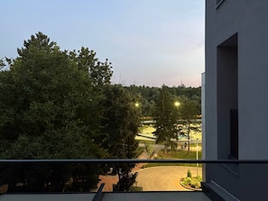 A view from a balcony overlooking a landscaped area with trees and a road.