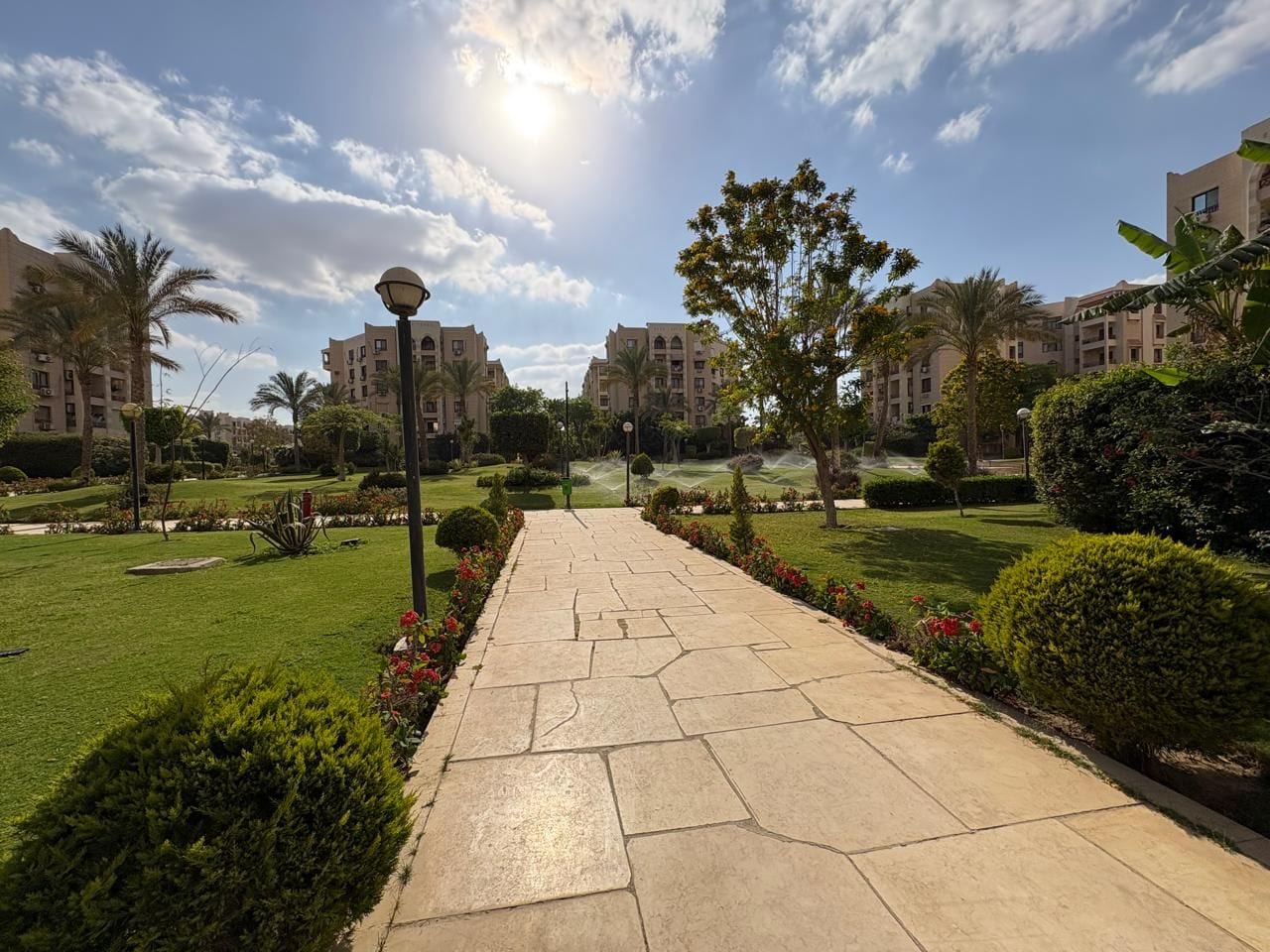 A paved pathway leading through a landscaped area with palm trees and shrubs, surrounded by multi-story buildings.
