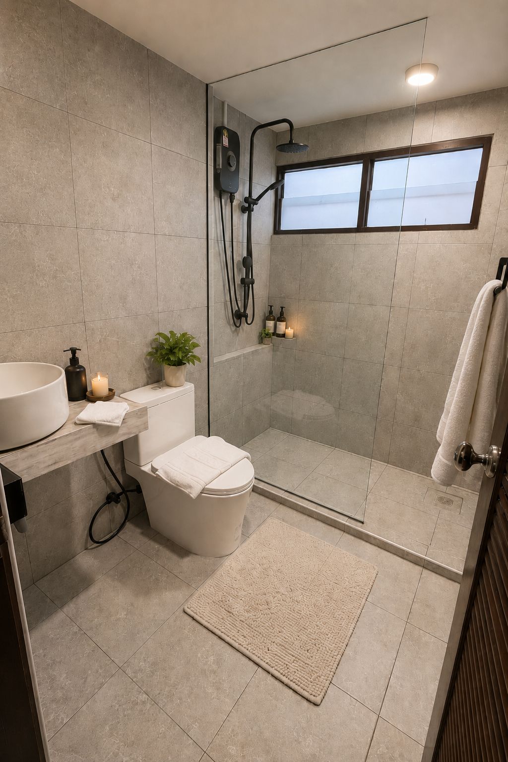 A modern bathroom with a glass shower enclosure, a toilet, a sink, and a window providing natural light.