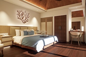 A modern bedroom with a large bed, bedside tables, a desk, and a chair.