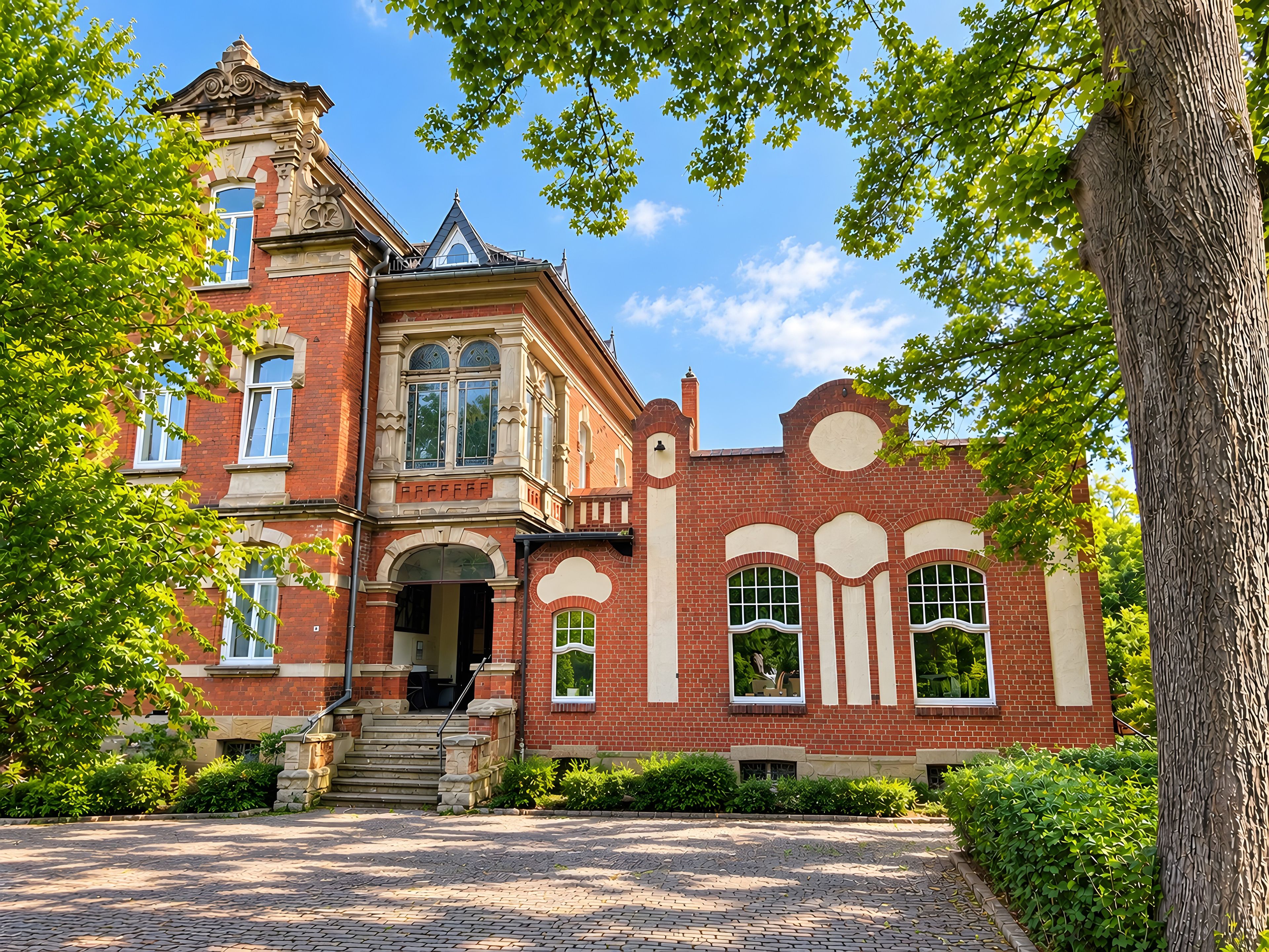 A red brick building with a central entrance, a tower, and a balcony.