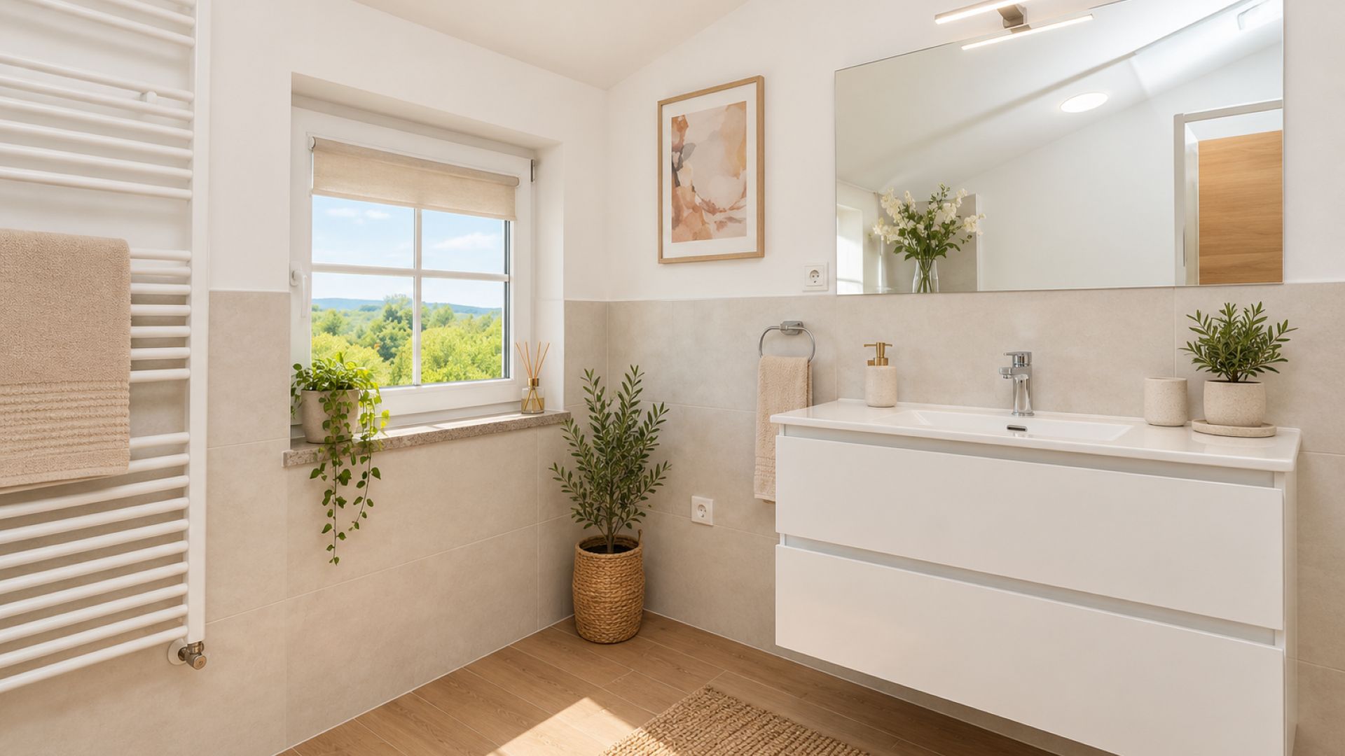 A modern bathroom with a window, a sink, and a mirror.