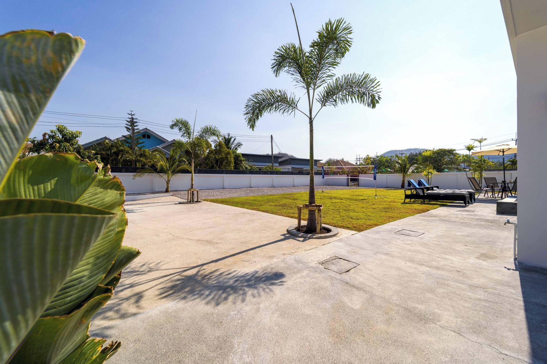 Un patio de concreto con una palmera, césped y una zona de estar con sillones reclinables.