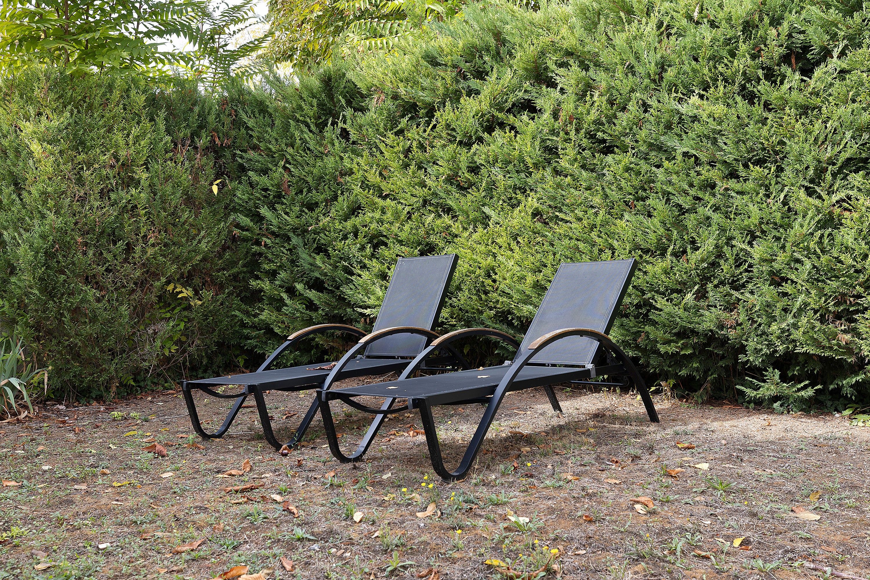 Twee zwarte lounge stoelen met metalen frame en kussens, geplaatst op een grindpad met herfstbladeren, omgeven door dichte groene struikgewas.