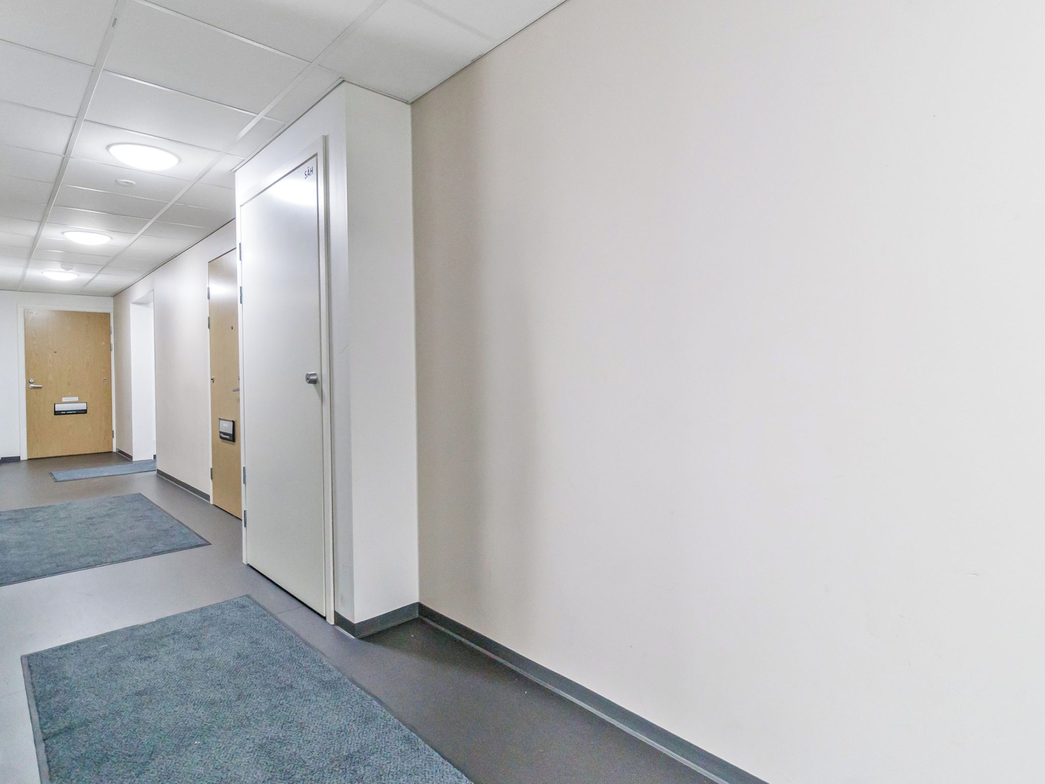 A corridor with doors, carpeted floors, and a ceiling with recessed lighting.