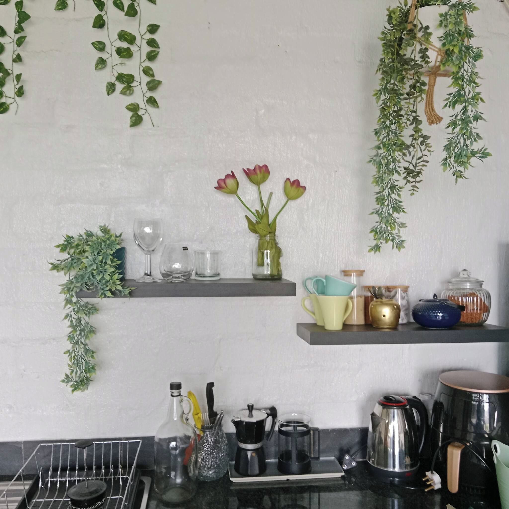 Eine Küche mit Regalen, auf denen Gläser, eine Blumenvase und verschiedene Küchenutensilien stehen.