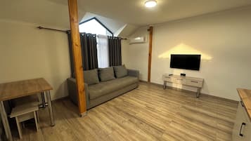 A modern living room with a sofa, a TV, a wooden table, and a ceiling light.