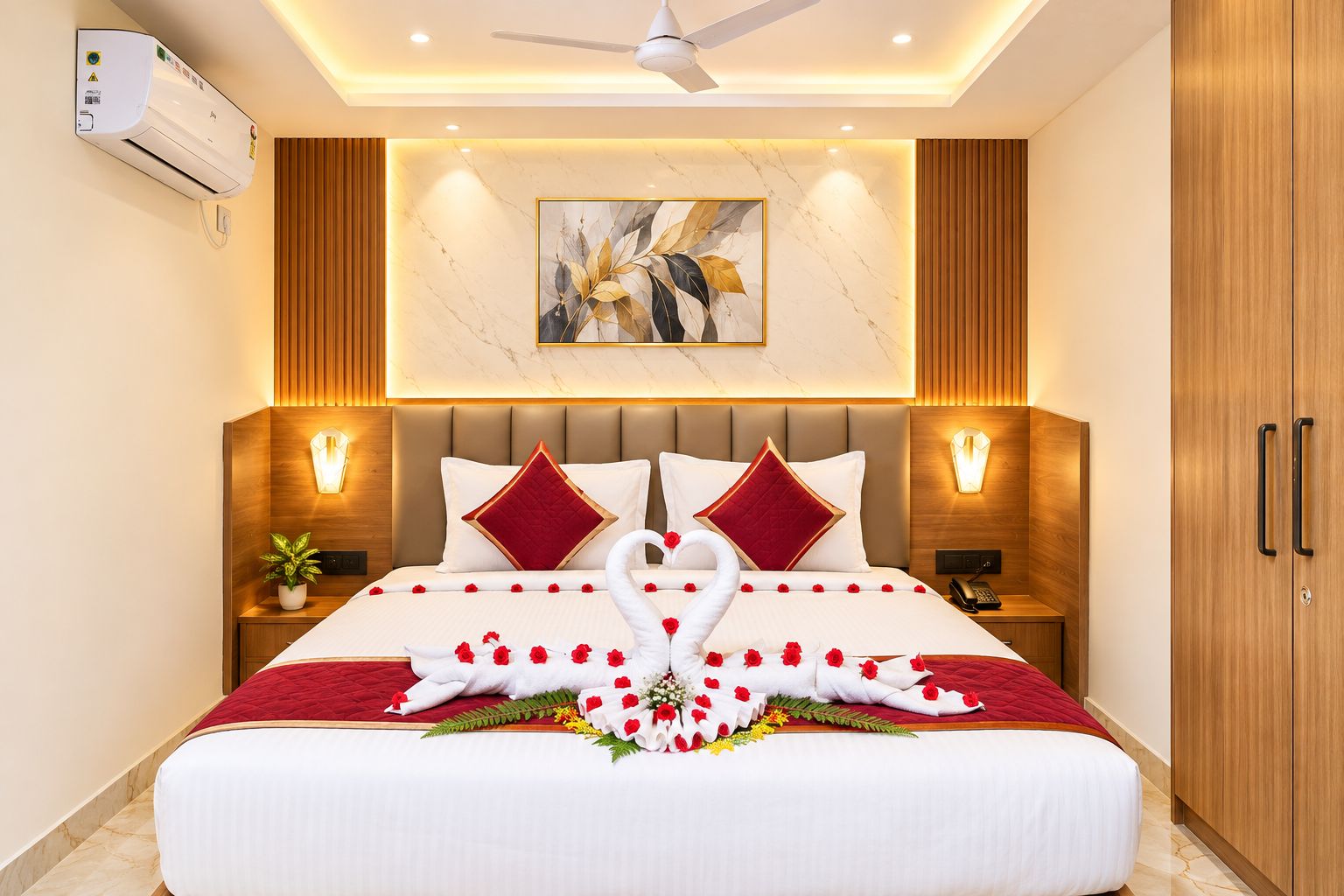 Habitación de hotel con una cama grande, dos mesitas de noche, aire acondicionado de pared, ventilador de techo y un armario de madera.