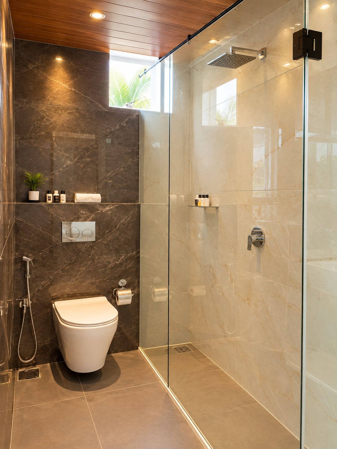 Un baño moderno con ducha envuelta en vidrio, inodoro y pared de mármol.