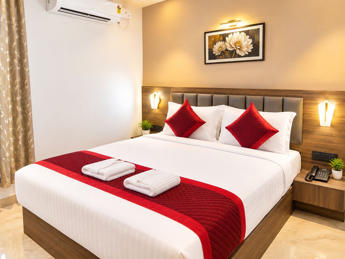 Una habitación de hotel con cama, mesita de noche, aire acondicionado y lámpara de pared.