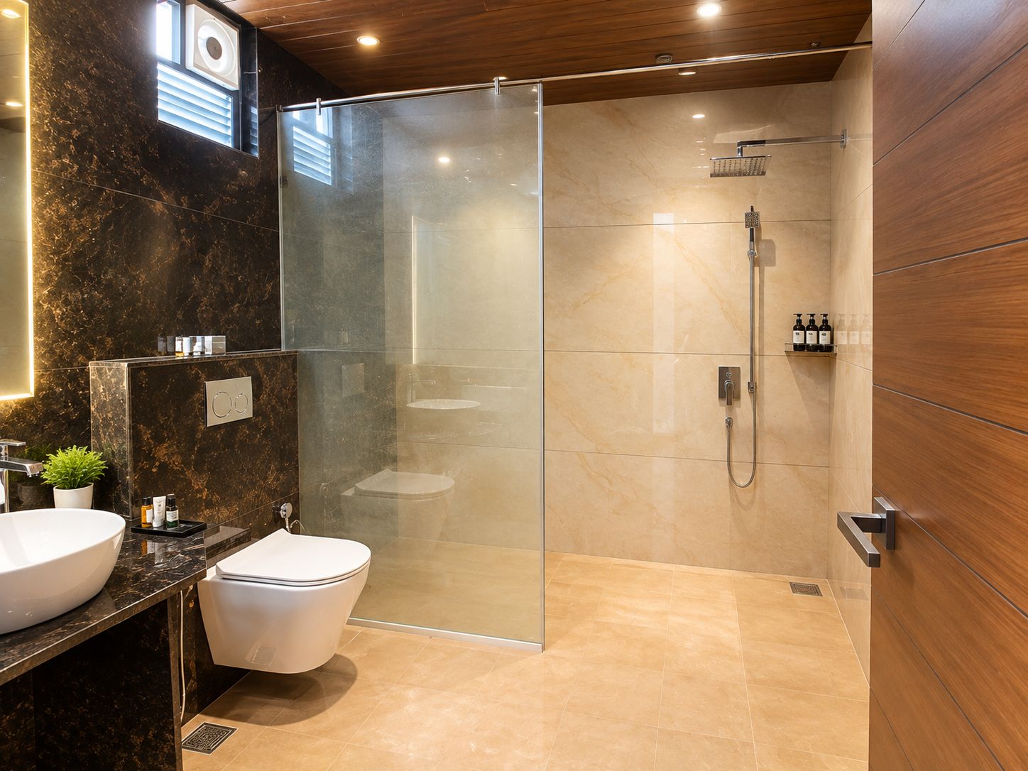 A modern bathroom with a glass-enclosed shower, a white toilet, and a marble vanity.