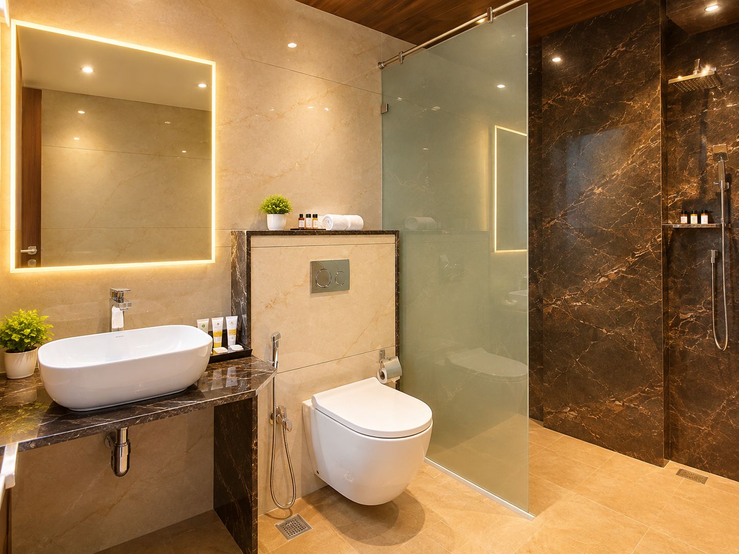 Un baño moderno con un espejo grande, un lavamanos independiente, inodoro y zona de ducha con mampara de cristal.