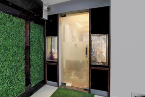 A modern entrance with a glass door, a green wall, and a small artificial grass area.