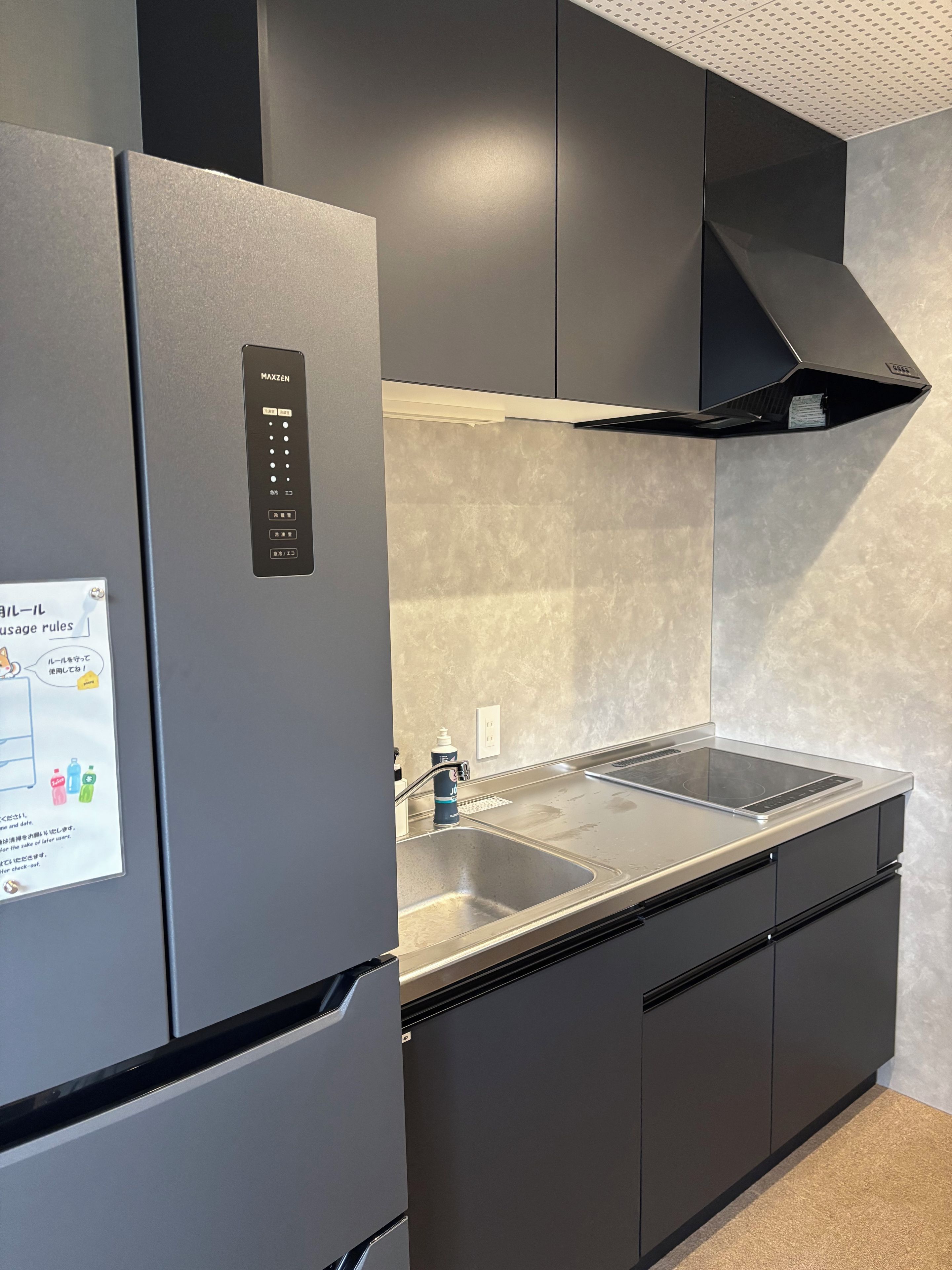 Una cocina moderna con refrigerador integrado, pileta de acero inoxidable y extractor de aire negro.