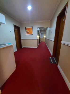 A hallway with a red carpet, wooden doors, and a framed picture on the wall. - Quiet Pols Residence  (Lagos)