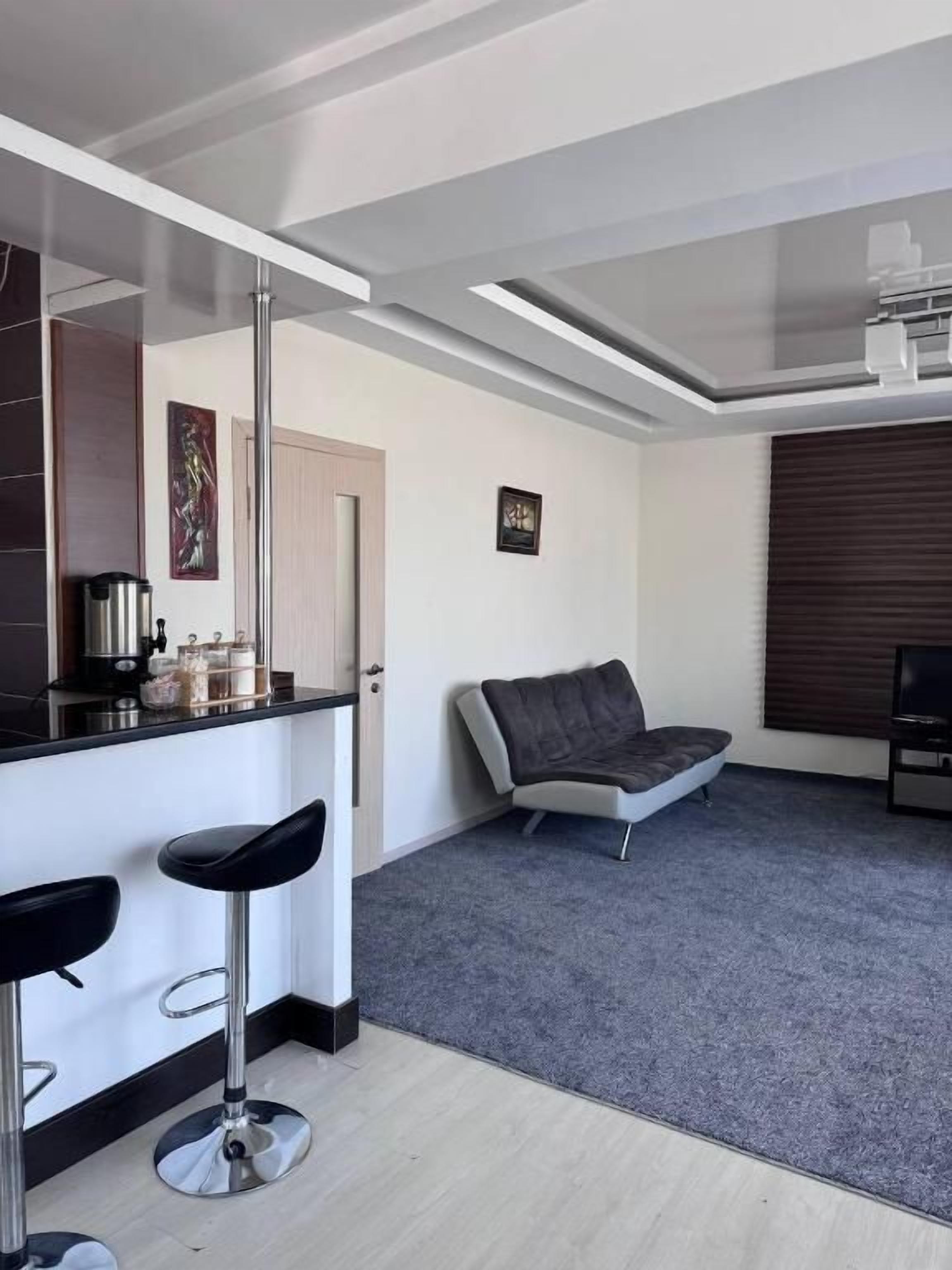 A modern living space with a kitchen area, a grey sofa, and a bar with two stools.