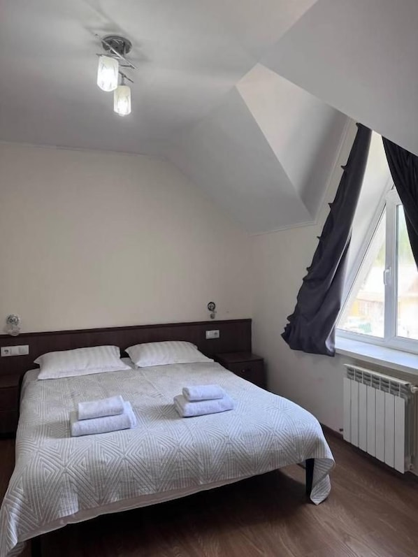Une chambre à coucher avec un lit, une fenêtre avec des rideaux, un radiateur et un luminaire au plafond.