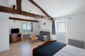 A bedroom with a wooden bed, a television, a sofa, and a window with curtains.