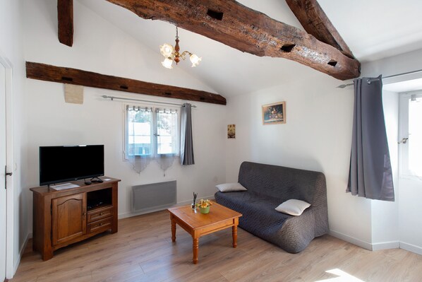 A room with a wooden ceiling, a television on a wooden cabinet, a grey sofa, a wooden coffee table, and a window with curtains.