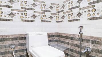 A bathroom with a toilet, shower, and decorative tiled walls.