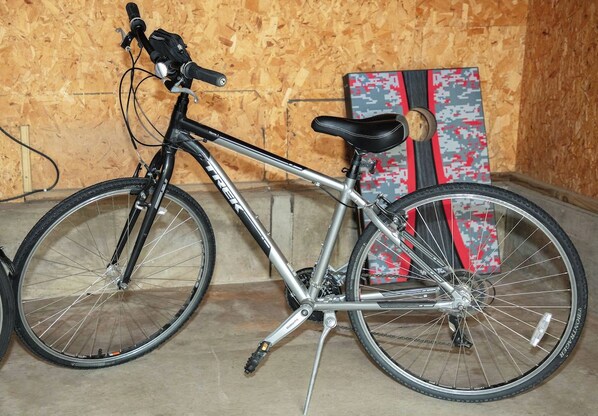 A bicycle with a black seat and silver frame, leaning against a wall with a skateboard and a patterned board in the background. - New Listing: Freshly updated and blocks from campus, downtown and trails (Waverly)