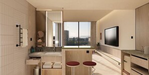 A modern bathroom with a large mirror, a sink, and a toilet. There is a window providing a view of the city. - Sandalwood Hotel (Hefei)