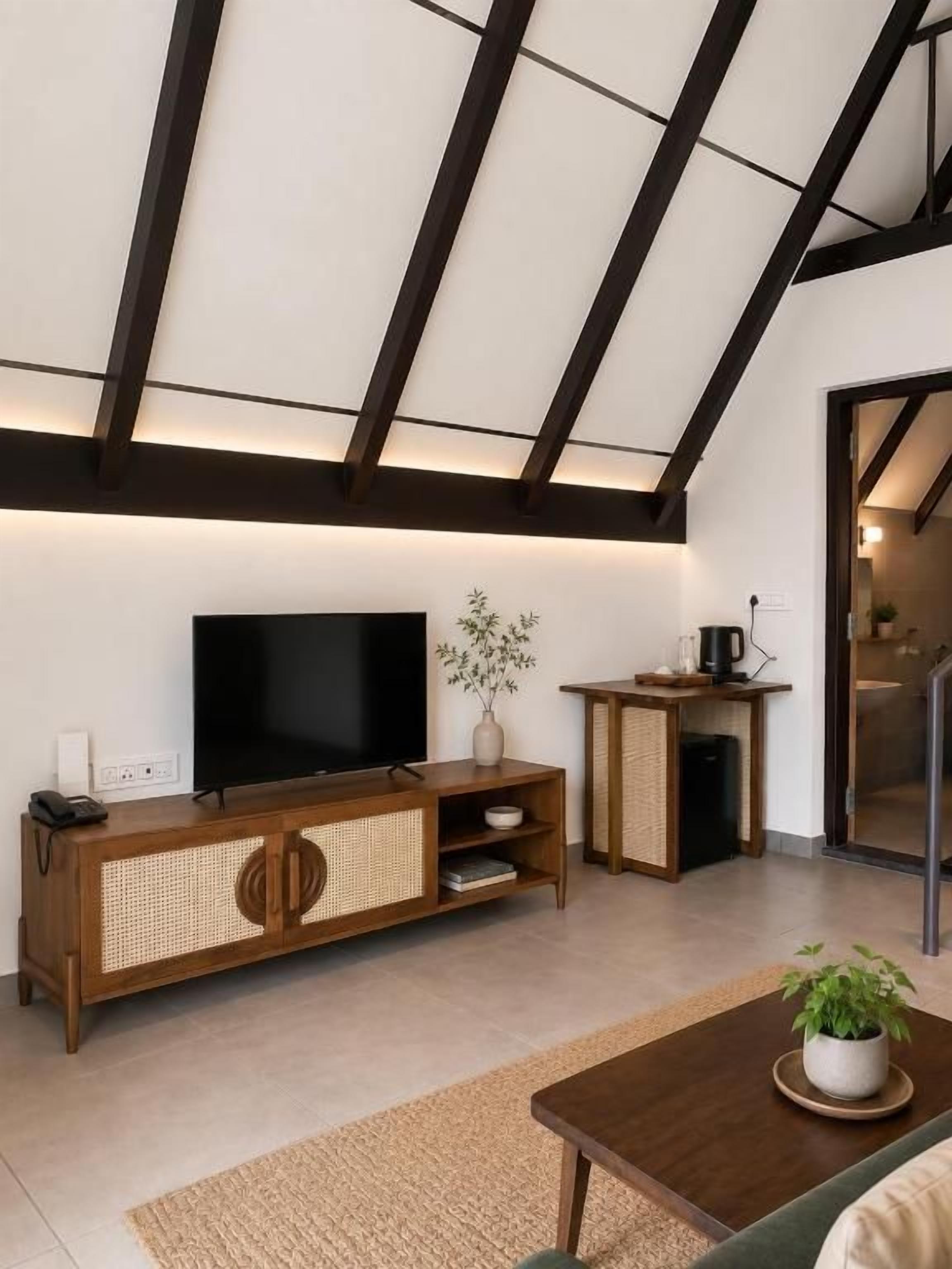 A modern living room with a flat-screen TV on a wooden console, a coffee table, and a potted plant.