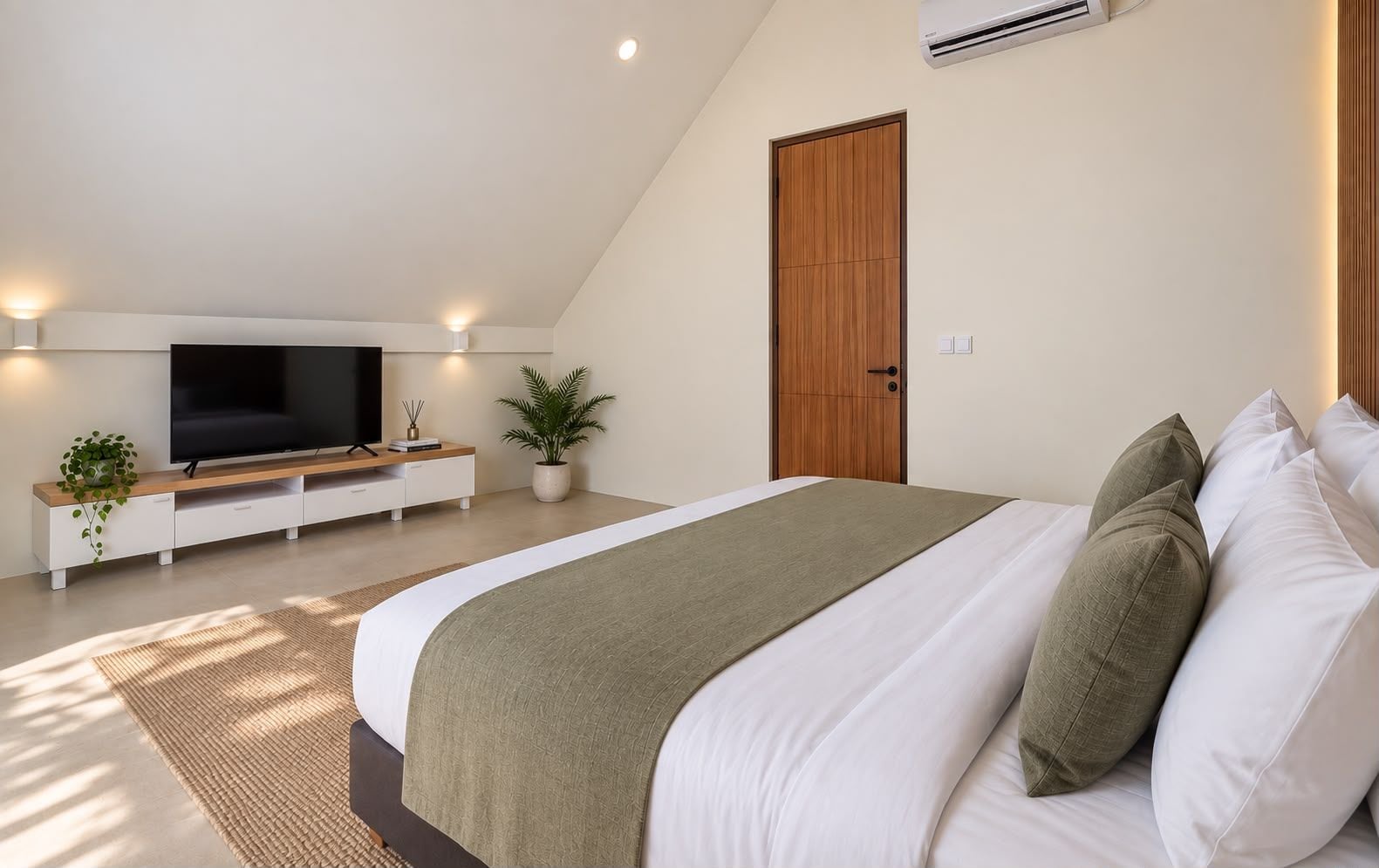 Un dormitorio moderno con una cama grande, un televisor sobre un mueble de madera, una planta en maceta y una puerta.