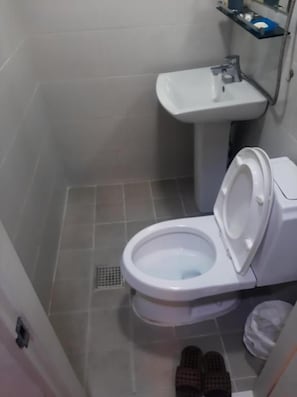 Ein Badezimmer mit Toilette, Waschbecken und Duschbereich.