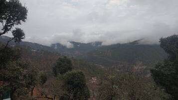 Un paisaje montañoso con vegetación densa y cielo nublado.