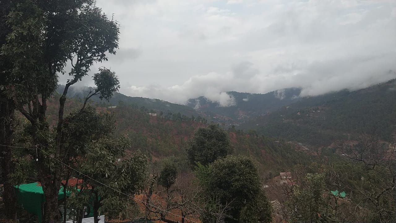 Paisaje montañoso con árboles y cielo nublado.