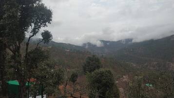 Paisaje montañoso con árboles y cielo nublado.
