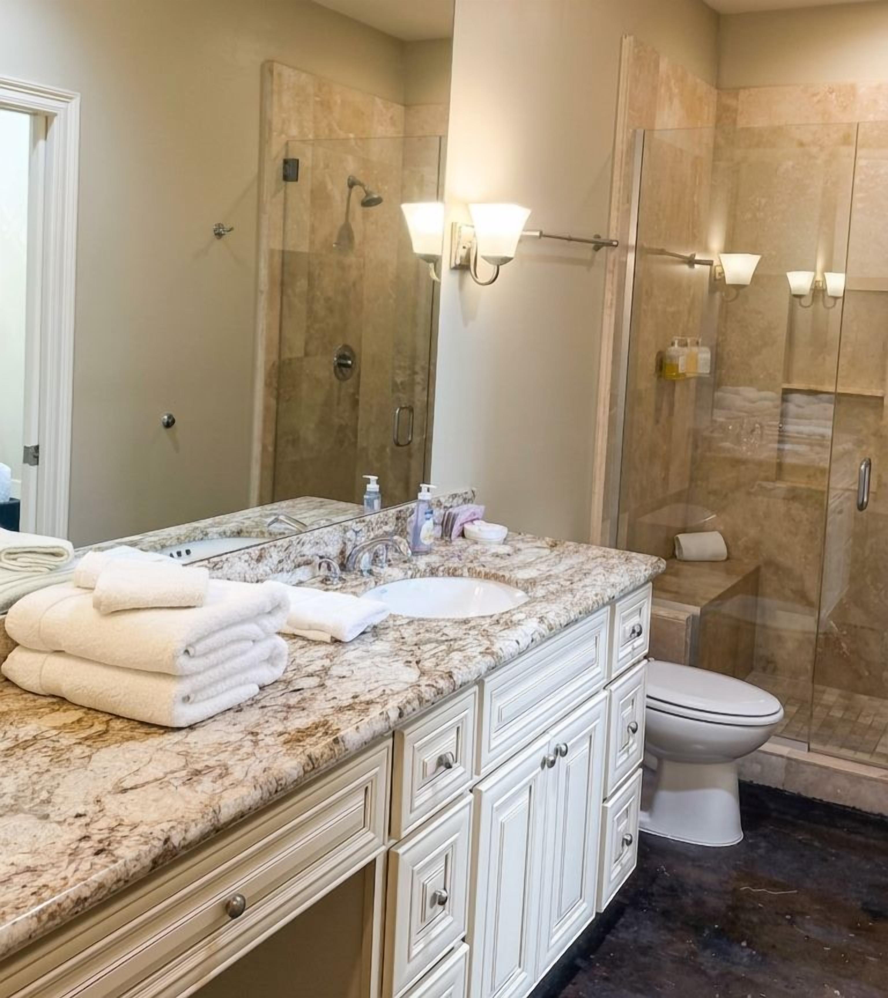 A bathroom with a marble vanity, a toilet, and a glass-enclosed shower.