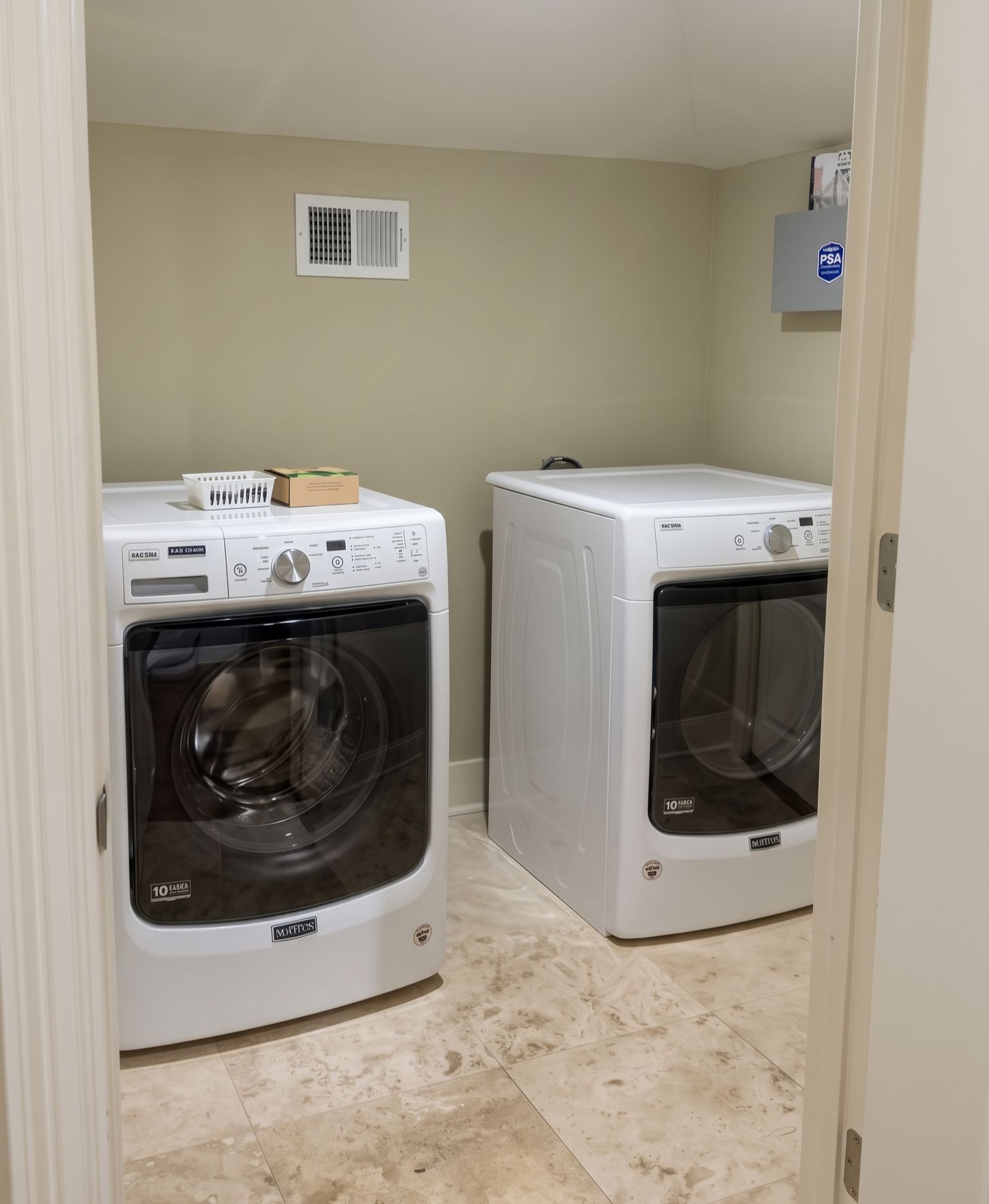 A laundry room with two front-loading washing machines, a vent on the wall, and a door leading to another room.