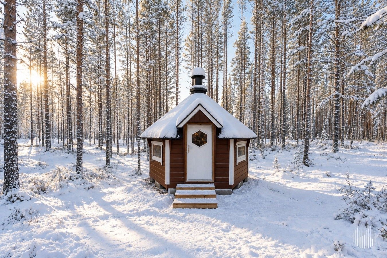 Eine Holzjagdhuette mit schneebedecktem Dach, umgeben von dichtem Wald.