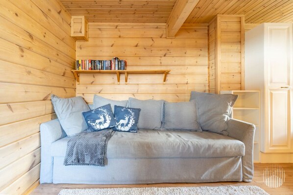 A cozy wooden cabin interior with a sofa, pillows, a bookshelf, and a white door.