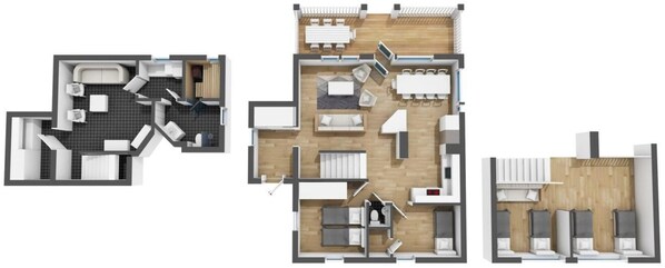 Un hôtel comprenant plusieurs chambres, une cuisine, un coin repas et un salon.